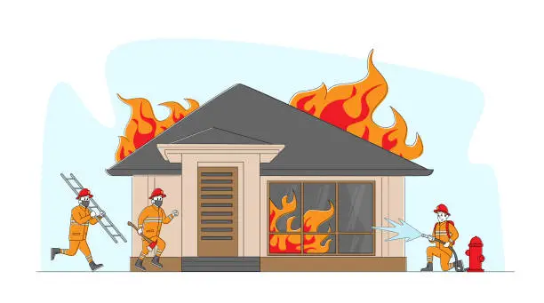 Vector illustration of Group of Firemen Fighting with Blaze at Burning House. Characters Team in Firefighters Uniform Extinguish with Big Fire