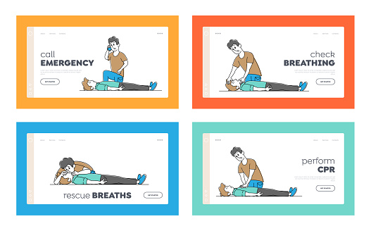 Cardiopulmonary Resuscitation Landing Page Template Set. Character Perform First Aid to Victim. Emergency Call, Check Breathing, Rescue Breath, Nursing Training. Linear People Vector Illustration