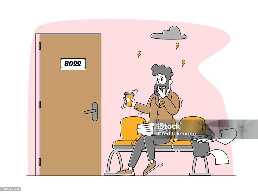 Office Manager or Businessman Sitting front of Door to Boss Cabinet Sweating and Feeling Fear, Panic Attack Disorder Office Manager or Businessman Character Sitting front of Door to Boss Cabinet Sweating and Feeling Fear, Panic Attack Disorder, Stress Situation at Work, Guilty Employee. Linear Vector Illustration Fear stock vector