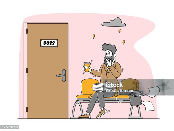 Office Manager Or Businessman Sitting Front Of Door To Boss Cabinet Sweating And Feeling Fear Panic Attack Disorder Stock Illustration - Download Image Now