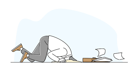 Psychological Health Problems, Illness Concept. Panic Attack Mental Sickness. Businessman Character Having Panic Disorder Hiding Head in Ground Trying to Stop Fear. Linear People Vector Illustration