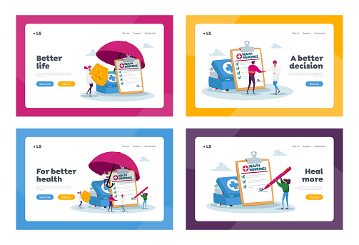 People Signing Health Insurance, Medical Protection, Life Guarantee Landing Page Template Set. Tiny Characters under Huge Umbrella Fill Policy Document, Doctor Hold Shield. Cartoon Vector Illustration