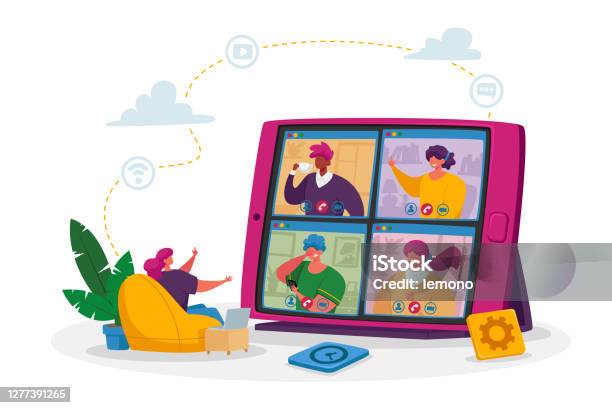 Business Character Tiny Female Employee Speak On Video Call With Remote Friend Or Colleague Online Briefing Conference Stock Illustration - Download Image Now - iStock Business Character Tiny Female Employee Speak On Video Call With Remote Friend Or Colleague Online Briefing Conference Stock Illustration - Download Image Now - iStock