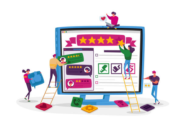 ilustrações de stock, clip art, desenhos animados e ícones de customers online review, ranking and rating concept. tiny characters put huge stars on pc screen with clients feedback - concepts success adult advertise