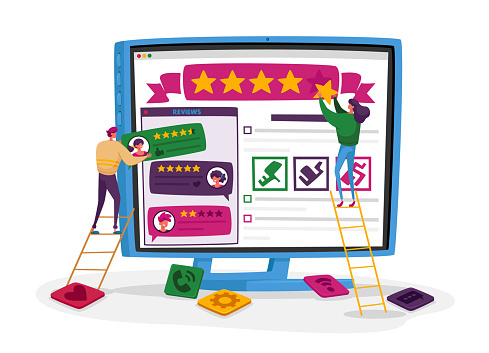 User Experience, Customer Online Review, Rating. Tiny People Put Stars at Huge Pc Monitor with Application. Characters Leave Feedback, Clients Evaluate Service Technology. Cartoon Vector Illustration