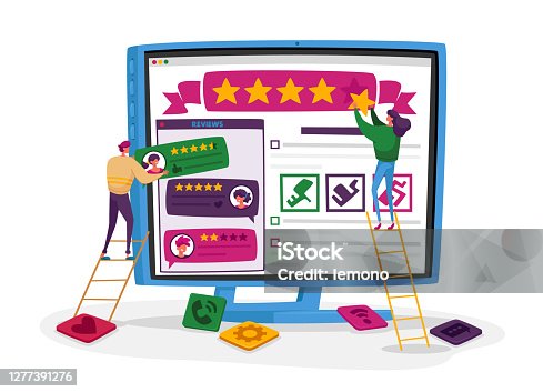 istock User Experience, Customer Online Review, Rating. Tiny People Put Stars at Huge Pc Monitor Characters Leave Feedback 1277391276