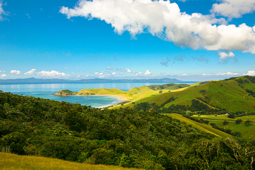View to the ocean coast and hills in New Zealand