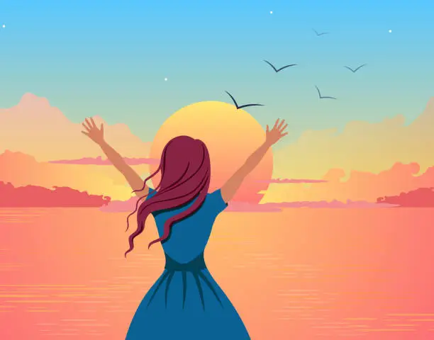 Vector illustration of Girl joyfully greets sunset illustration. Beautiful cartoon girl on background of orange sea raises her hands up.