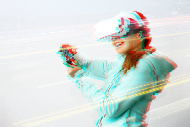 istock Woman with virtual reality headset is playing game. Image with glitch effect. 1277393193