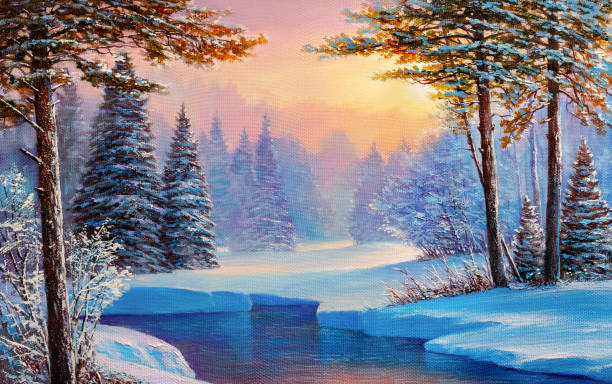 illustrations, cliparts, dessins animés et icônes de forêt de noël avec la rivière. paysage de peinture à l’huile. - backgrounds canvas cold color image