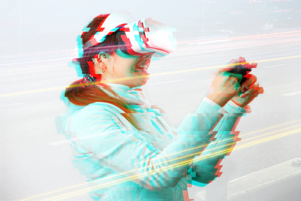 istock Woman with virtual reality headset is playing game. Image with glitch effect. 1277393314