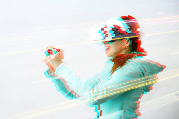 istock Woman with virtual reality headset is playing game. Image with glitch effect. 1277393373