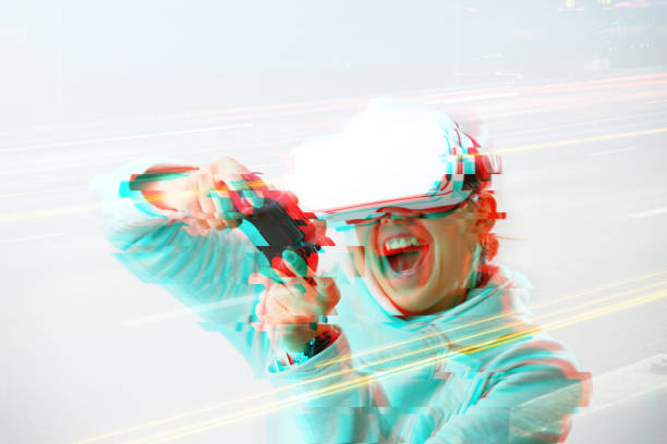 istock Woman with virtual reality headset is playing game. Image with glitch effect. 1277393635