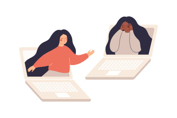 Online therapy and counselling for people under stress and depression. Online therapy and counselling for people under stress and depression. Girl comforts her sad friend over the laptop. Young woman supports female with psychological problems. Vector virtual event illustrations stock illustrations
