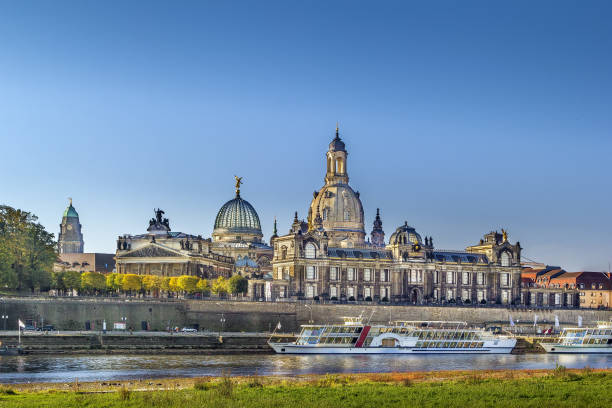 View of Bruhl Terrace from the other side of the Elbe river,Dresden,Saxony,Germany