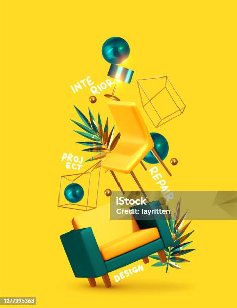 Vector Conceptual Composition With 3d Objects House Interior Design ...