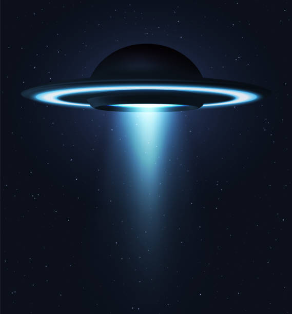 Unidentified flying object. UFO flying on the horizon night sky. Futuristic ufo on Space stars background.