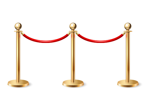 Vector 3d Realistic Fence for the Red Carpet Closeup Isolated on White Background. Red Barrier Rope. Golden pole. Front View. Luxury, VIP concept. Equipment for Events.