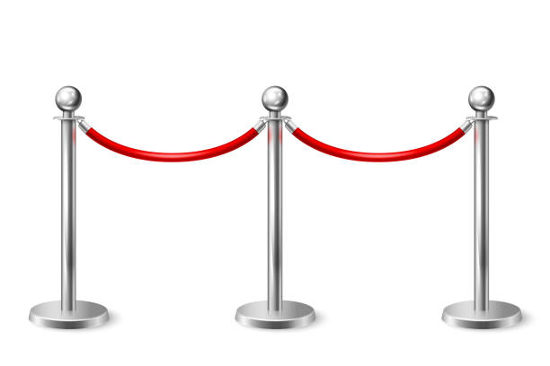 illustrations, cliparts, dessins animés et icônes de vector 3d clôture réaliste pour le plan rapproché du tapis rouge isolé sur fond blanc. corde barrière rouge. pôle d’argent. vue avant. luxe, concept vip. équipement pour les événements - rope way