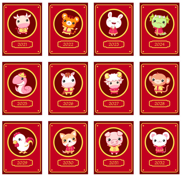 가와이이 스타일의 중국 새해 사인 캐릭터 세트 - snake chinese new year chinese zodiac sign china stock illustrations