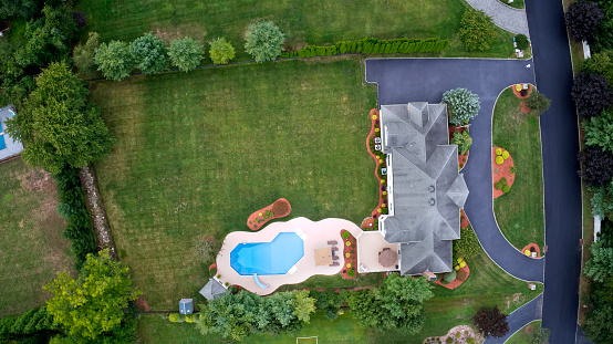 Looking down from 400 feet very high above. Pool, front and back yards visible. Shot with Phantom 4 Pro, drone. 20MP camera.