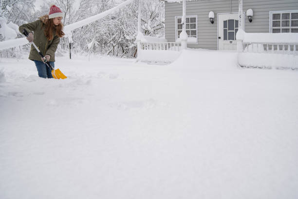 chica limpia la nieve frente a su casa con una pala - thick snow fotografías e imágenes de stock