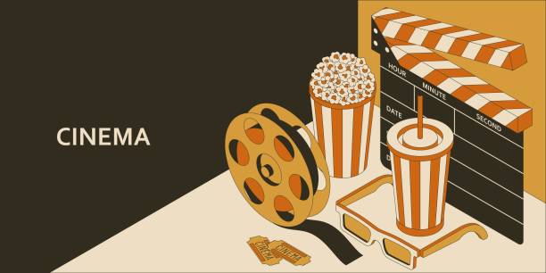 ilustrações de stock, clip art, desenhos animados e ícones de cinema isometric concept with popcorn, drink, clapperboard, 3d glasses and filmstrip. vector illustration - food and drink industry audio