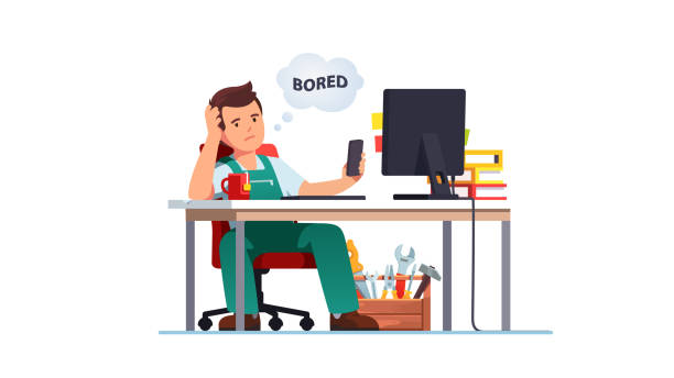 Contractor or foreman bored at work shuffling through phone sitting at office desk. Lazy unmotivated unproductive worker man pass time with cellphone not doing job. Flat vector character illustration Contractor or foreman bored at work shuffling through phone sitting at office desk. Lazy unmotivated unproductive worker man pass time with cellphone not doing job. Flat style vector character isolated illustration lazy construction laborer stock illustrations