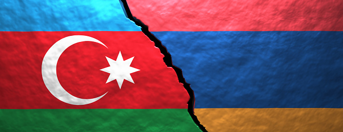 Armenia and Azerbaijan relation crisis, Nagorno Karabakh conflict concept. Azerbaijan and armenian flags on cracked wall background. 3d illustration