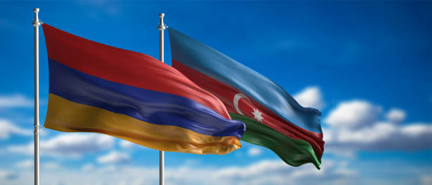 istock Armenian and Azerbaijan flags, blue sky background. 3d illustration 1277402516