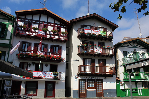 Hondarribia, Spain – September 10, 2020: Traditional colorful Basque houses in the old part of Hondarribia.