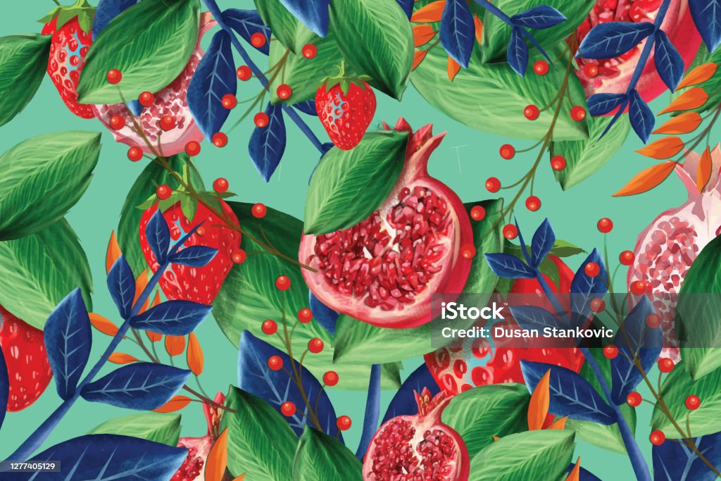 Vector seamless pattern with pomegranate and strawberry fruits Illustration of vector seamless pattern with pomegranate and strawberry fruits Fruit stock vector