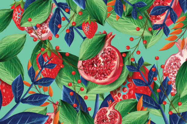 Vector seamless pattern with pomegranate and strawberry fruits Illustration of vector seamless pattern with pomegranate and strawberry fruits fruit designs stock illustrations