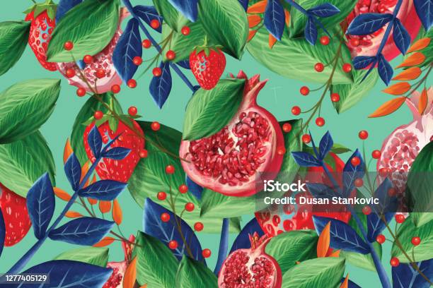 Vector Seamless Pattern With Pomegranate And Strawberry Fruits Stock Illustration - Download Image Now