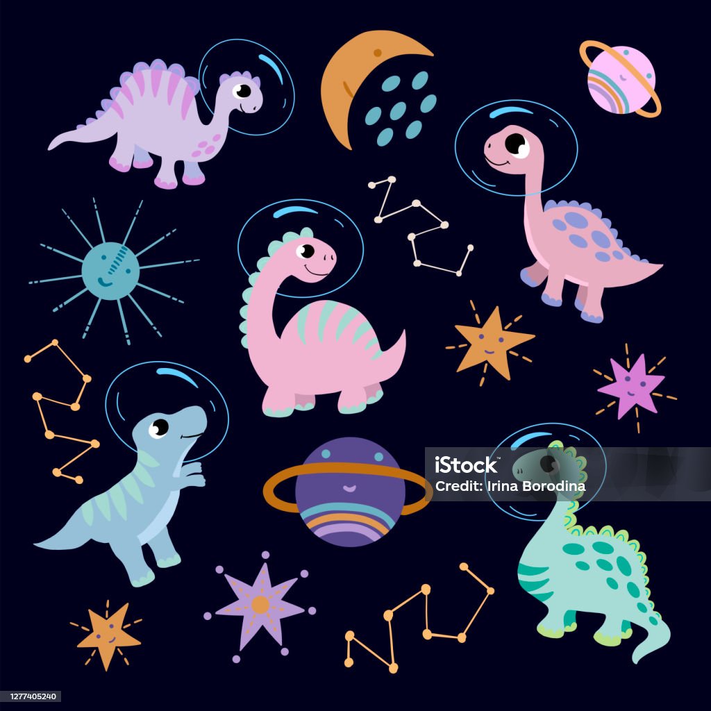 Ilustración de Conjunto De Dinosaurios Lindos Brillantes Volando En El  Espacio Imagen Sobre Un Fondo Azul Oscuro En Gráficos Vectoriales Para Las  Postales De Diseño Carteles Papel De Envoltura Portadas Ropa Para