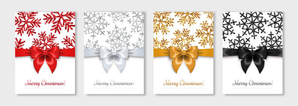 ilustrações de stock, clip art, desenhos animados e ícones de christmas white greeting cards set - christmas present bow christmas snowflake