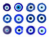 istock Mega set of grunge hand drawn Turkish evil eye. Mandala greek evil eye. Symbol of protection in Greece, Cyprus. Amulet from evil eye. Vector blue Turkish fatima's eye. Magic item, attribute. 1277406421