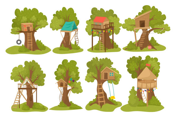 Tree wood houses for children playground with ladder, swing and flip-flap to play for kids outdoor flat vector illustrations set. Tree wood houses for children playground with ladder, swing and flip-flap to play for kids outdoor flat vector illustrations set. Wooden treehouse for kids, park construction of little playhouses. playhouse stock illustrations