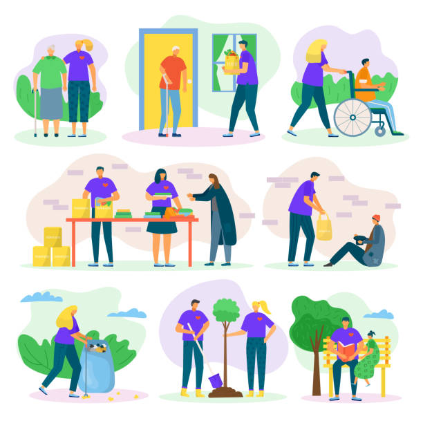 Volunteers help and charity set with people care, helping seniours, invalids and poor, social support flat isolated vector illustrations set. Volunteers help and charity set with people care, helping seniours, invalids and poor, social support flat isolated vector illustrations set. Volunteering in community, donation and voluntary. invalid person stock illustrations
