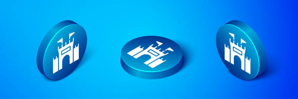 illustrations, cliparts, dessins animés et icônes de icône isométrique de château isolée sur le fond bleu. bouton cercle bleu. vecteur - board game piece leisure games blue isolated