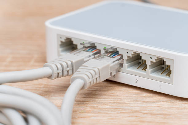 Network wires connected to the switch, router close up