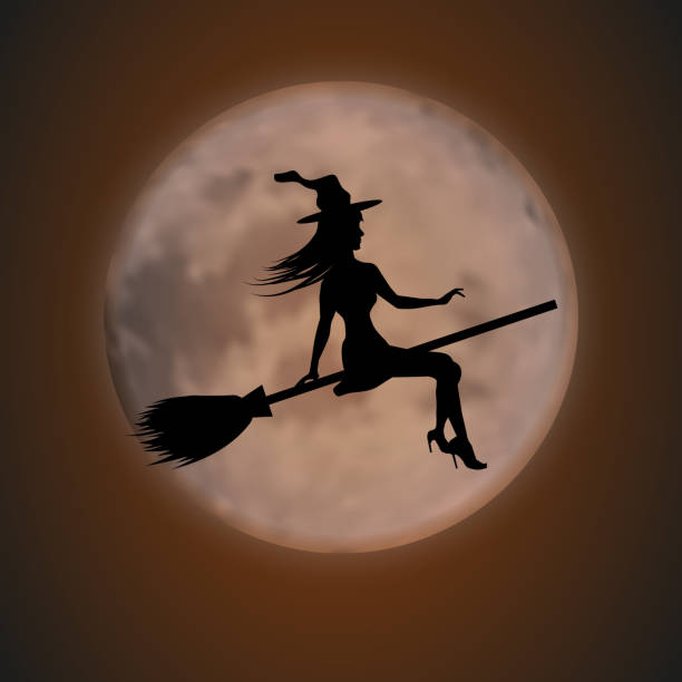 istock Halloween background. Young witch flying on a broomstick on the background of the full moon. Vector 1277411696