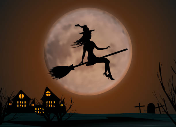 istock Halloween background. Young witch flying on a broomstick on the background of a full moon over the castle and cemetery. Vector 1277411705