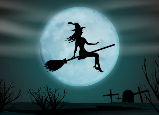 istock Halloween background. Young witch flying on a broomstick on the background of a full moon above cemetery. Vector 1277411708