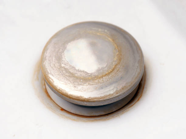istock Problems caused by hard water.Chrome plated drain valve, covered in lime in a white sink. 1277411966