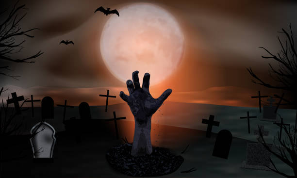 istock Zombie hand rising out from the ground. Halloween background. Graveyard with tombstones and moon. Vector 1277412093