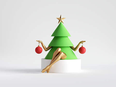 3d render. Green Christmas tree cartoon character with mannequin legs sits on white platform podium. Minimal seasonal clip art isolated on white background. Unique toy