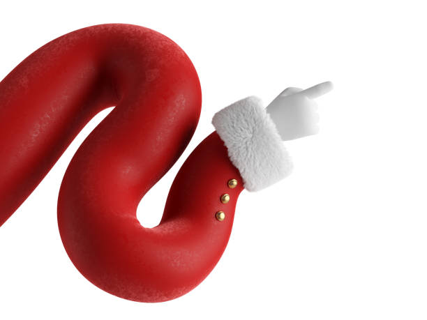 istock 3d render, Santa Claus wavy hand, finger points right. Pointing gesture. Festive cartoon character. Christmas clip art isolated on white background 1277413250