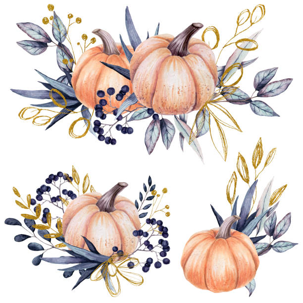 Set of Watercolor Bouquets with Pumpkins, Berries and Leaves Set of Watercolor Autumn Bouquets with Pumpkins, Berries and Leaves in Blue and Golden Colours october clipart stock illustrations