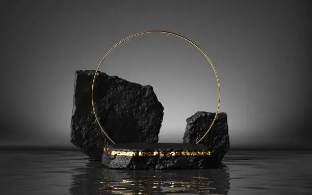 3d render, abstract modern minimal black background with coal cobblestones and reflection in the water on the wet floor. Trendy showcase with golden ring and empty platform for product displaying